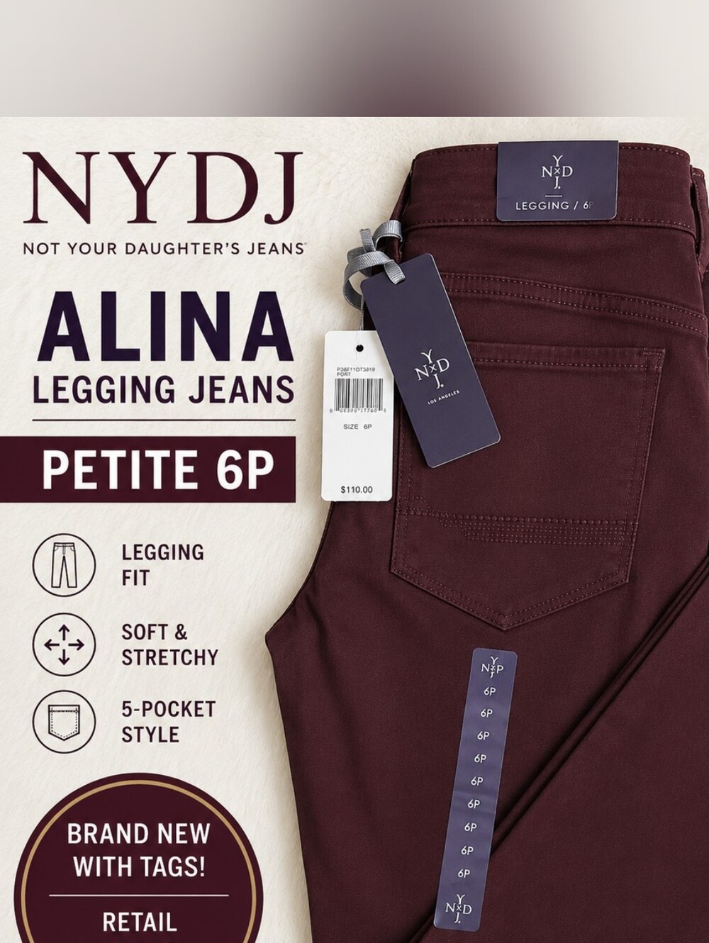 NYDJ Alina Legging Jeans Petite 6P Burgundy Wine NWT $110